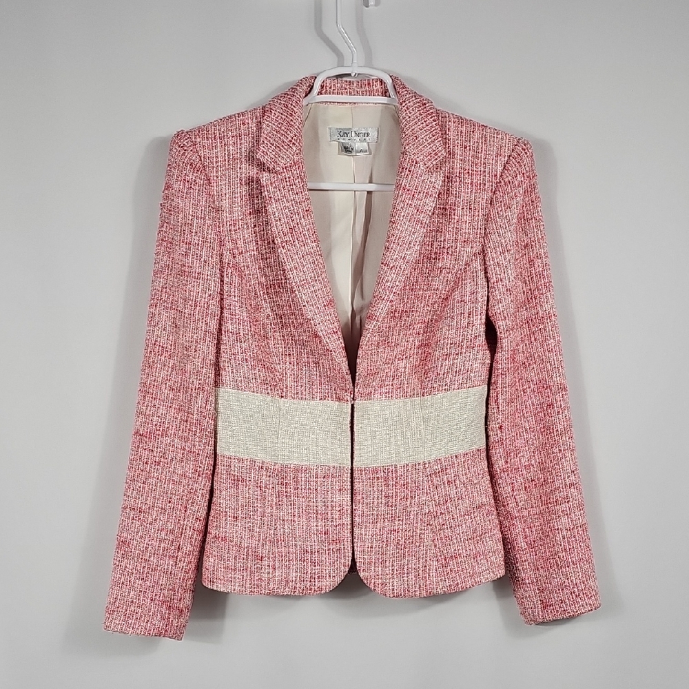 Kay Unger New York Pink White Tweed Boucle Blazer Jacket 4 Office Career Work - Picture 3 of 13